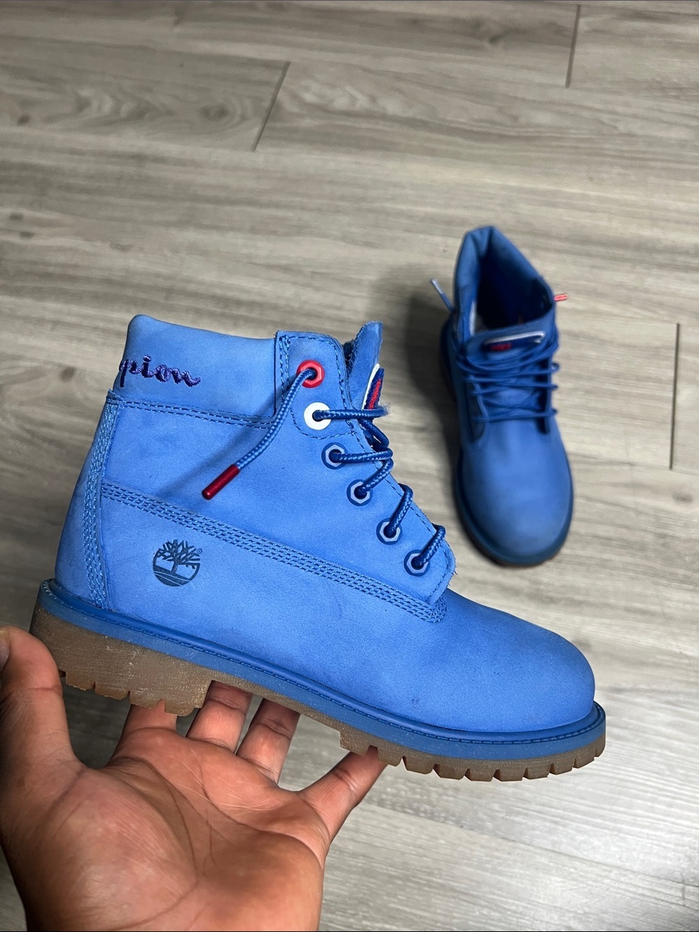 Timberland Champion Blue Lace-Up Boots with Red Logo Accent (Boys)